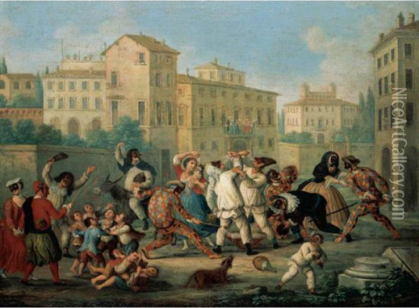 Carnival Scene With Children Dancing And Figures In Oil Painting - Marco Marcola