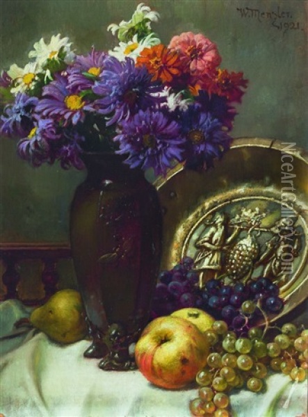 Stilleben Mit Fruchten, Blutschale Und Herbstblumenstraus Oil Painting - Wilhelm Menzler
