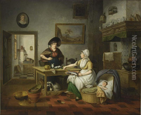 A Kitchen Interior With A Mother Holding A Plate Of Fish, A Baby Sleeping In A Cradle, And A Woman Holding A Bucket Of Fish Standing Next To A Table, A View Of The Pantry Beyond Oil Painting - Pieter Fontijn