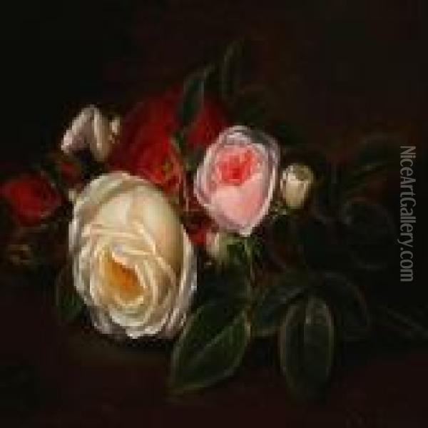 A Bouquet Of Red And White Roses Oil Painting - I.L. Jensen