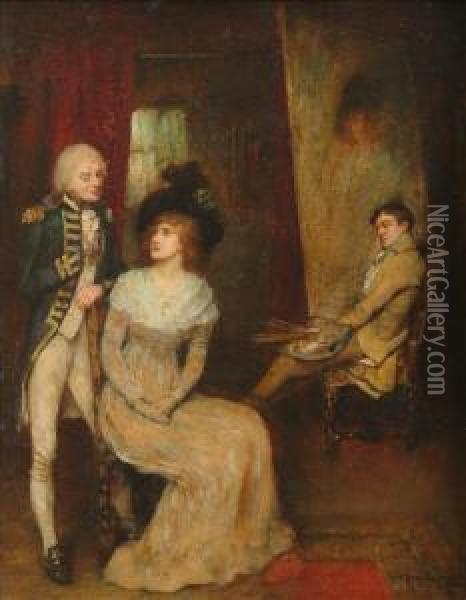 Lord Nelsonand Lady Hamilton In Romney's Studio Oil Painting - William A. Breakspeare