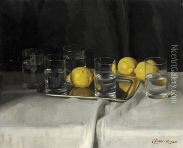 Stilleben Mit Zitronen Und Gefullten Wasserglasern Oil Painting - Janos Pentelei-Molnar
