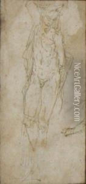 Three Figure Studies: A Male Figure, A Caryatid And Aphilosopher Oil Painting - Pellegrino Pelegrini Tibaldi Da Bologna