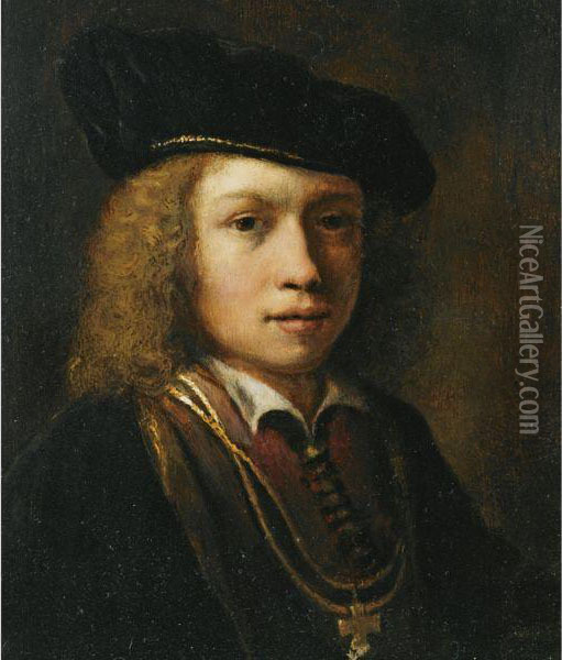 Tronie Of A Young Boy, Bust Length, Wearing A Brown Coat And A Beret Oil Painting - Rembrandt Van Rijn