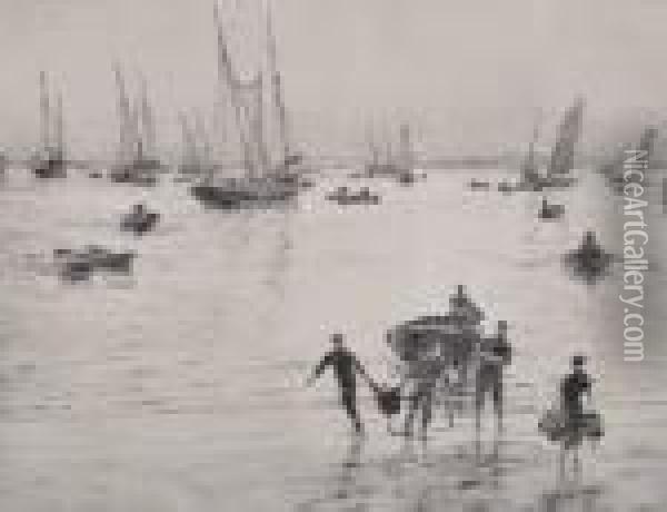 Fisherfolk Bringing In The Catch Oil Painting - William Lionel Wyllie