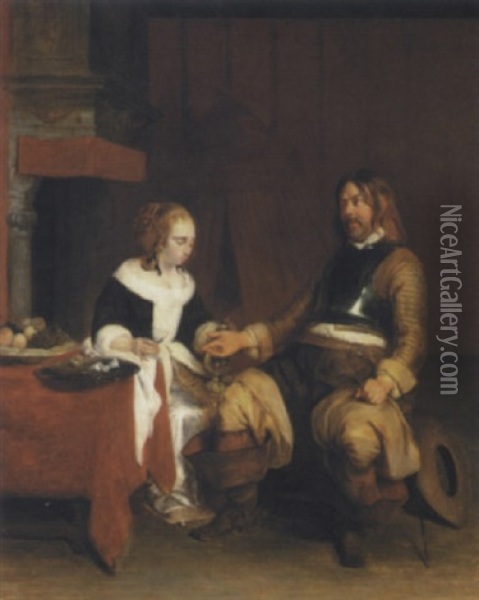 A Soldier Offering A Young Woman Coins Oil Painting - Gerard ter Borch the Younger