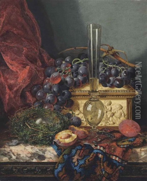 A Tall Flute, With Grapes, Plums, A Bird's Nest, And Ivory Casket, On A Persian Carpet On A Marble Ledge Oil Painting - Edward Ladell