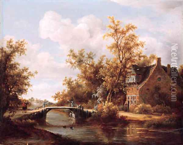A view on a farm by a canal with travellers on a road by a bridge Oil Painting - Meindert Hobbema