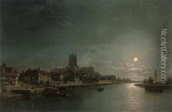A View Of Worcester Cathedral From The River Severn, By Moonlight Oil Painting - Henry Pether