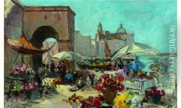 Le Marche Aux Fleurs Oil Painting - Georgi Alexandrovich Lapchine