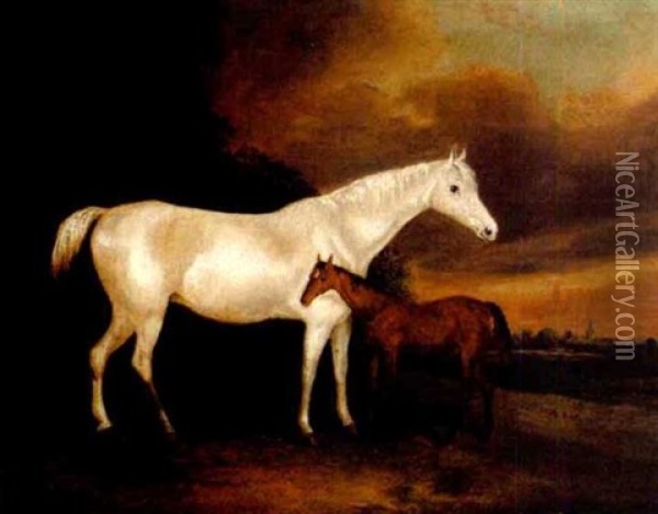 A Mare And Foal In A Landscape Oil Painting - John Vine