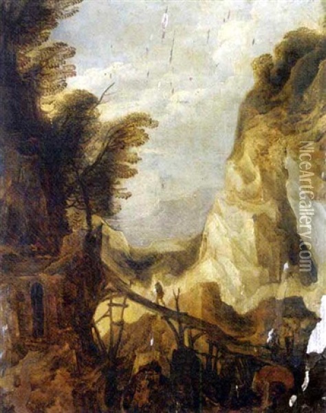 A Mountainous Landscape With Travellers On A Bridge Oil Painting - Joos de Momper the Younger