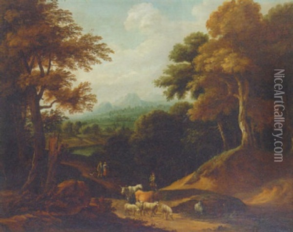 A Wooded Landscape With Drovers And Cattle On A Track Oil Painting - Jacques d' Arthois