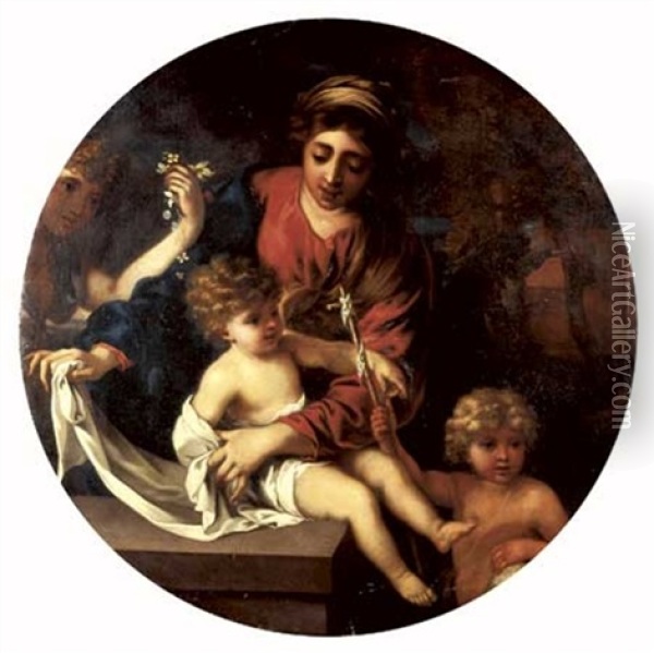 La Vierge A L'enfant Avec Saint Jean-baptiste Et Un Ange Oil Painting - Sebastien Bourdon