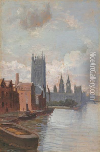 Westminster Palace From Lambeth Bridge Oil Painting - George Hyde Pownall