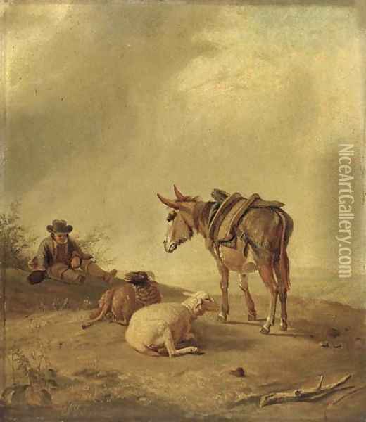 A pastoral landscape with a traveller and his donkey resting by two sheep Oil Painting - Eugene Joseph Verboeckhoven