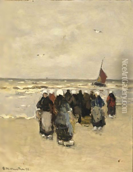 Fisherfolk On The Beach Oil Painting - Gerhard Arij Ludwig Morgenstje Munthe