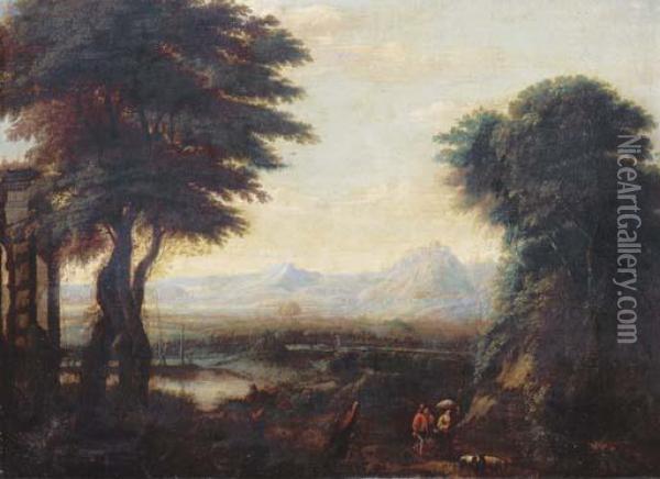 An Extensive River Landscape With Travellers And Their Flock On Apath Oil Painting - Gillis Neyts