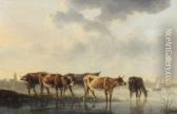 Cinq Vaches S'abreuvant Dans Une Riviere Oil Painting - Aelbert Cuyp