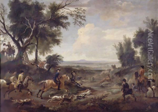 An Extensive Landscape With A Stag Hunt Oil Painting - Jan Wyck