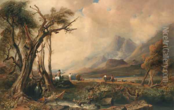 An extensive Cumbrian landscape with drovers and cattle Oil Painting - Peter de Wint