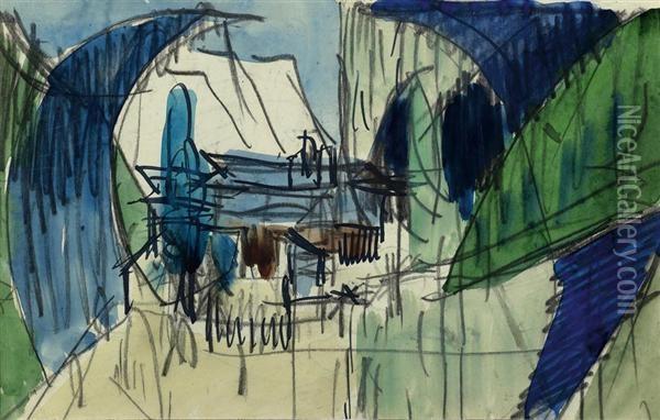 Landschaft Mit Haus. Verso: Tuschskizze Einer Tanzerin. Oil Painting - Ernst Ludwig Kirchner