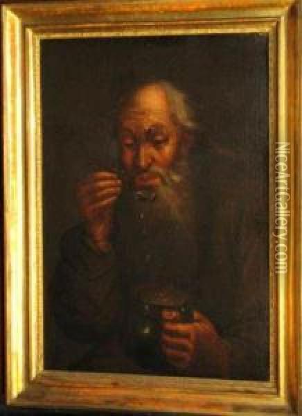 Old Man Eating From A Pot Oil Painting - Bernhard Keil