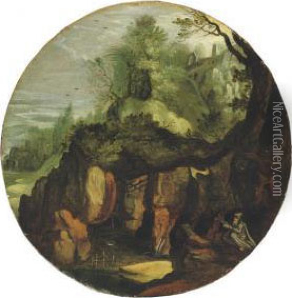 A Rocky Landscape With A Hermit Saint Reading Underneath Atree Oil Painting - Lucas van Valckenborch