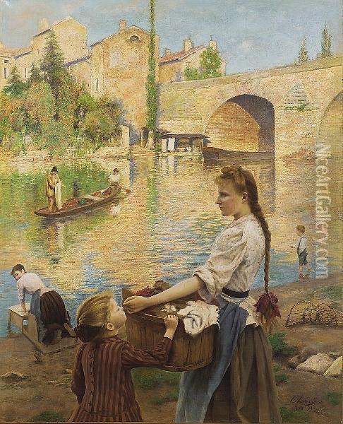 Les Lavandieres A Pont-sur-yonne Oil Painting - Andre Chabellard