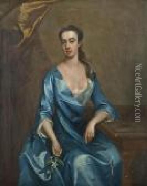Portrait Of A Lady, 
Traditionally Identified As Miss Shafto, Three-quarter-length, In A Blue
 Dress Oil Painting - Michael Dahl