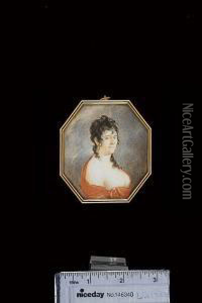 A Lady, Wearing Good Hoop Earrings, Low-cut White Dress And Scarlet Shawl, Her Dark Hair Curled Oil Painting - Adalbert Suchy