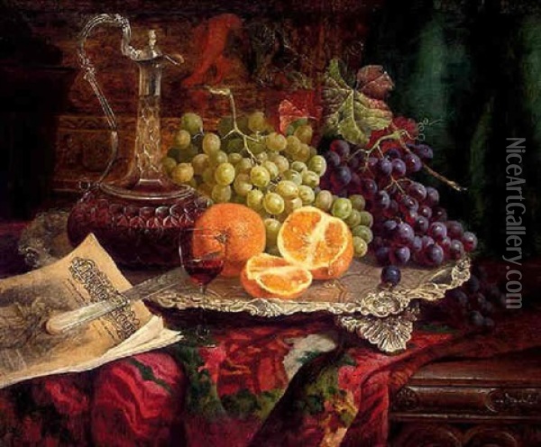 Grapes And Oranges On A Silver Salver, With A Decanter Of Red Wine On A Carved Ledge Oil Painting - William Hughes