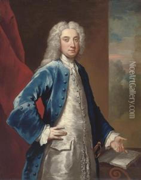 Portrait Of A Gentleman, 
Three-quarter-length, In A Blue Coat Andoyster Satin Waistcoat, Pointing
 At A Manuscript Of Dryden's Playall For Love', 1678, A Landscape Beyond Oil Painting - John Vanderbank