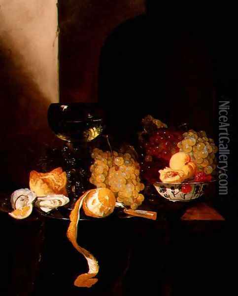 A Still Life with Fruit, a Peeled Lemon and a Roemer on a Ledge Oil Painting - Jacques de Claeuw