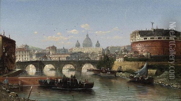 Boats On The Tiber At The Castel Sant'angelo, Rome Oil Painting - Carl Kauffman