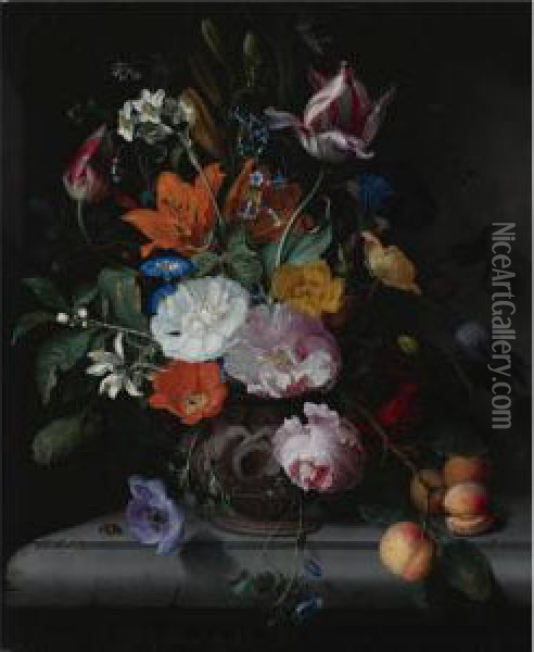 A Still Life Of Flowers And A Branch Of Peaches In A Sculpted Vase, Standing On A Ledge Oil Painting - Jacob van Walscapelle