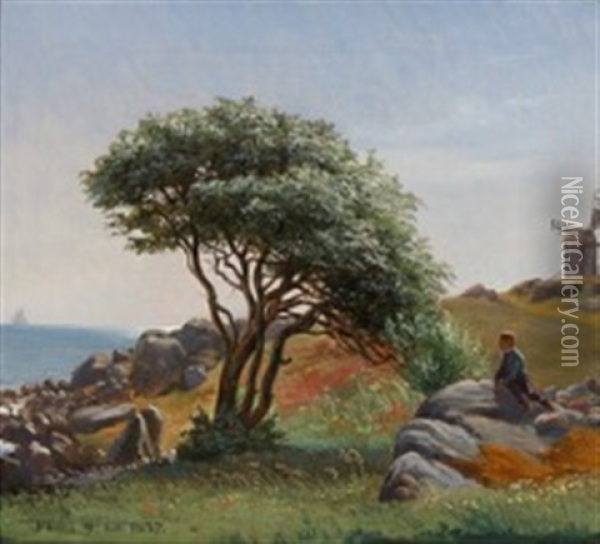 Danish Summer Landscape With A Boy Looking Out Towards The Sea Oil Painting - Frederik Christian Lund