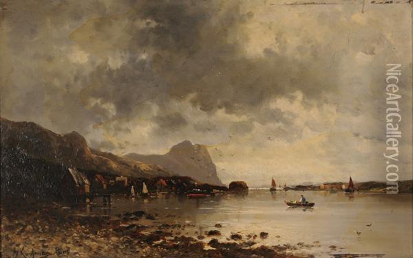 Paesaggio Fluviale Con Imbarcazioni E Sfondo Di Paese Oil Painting - Adolphe Kaufman