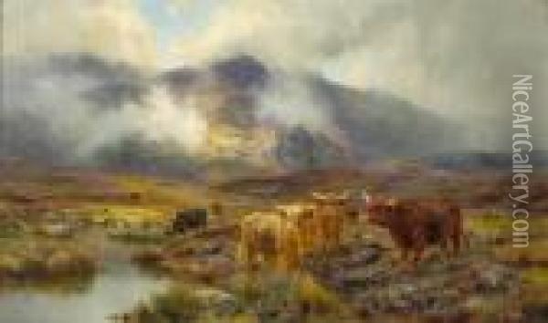 Highland Cattle In A Mountainous Landscape With Lowering Clouds Oil Painting - Louis Bosworth Hurt
