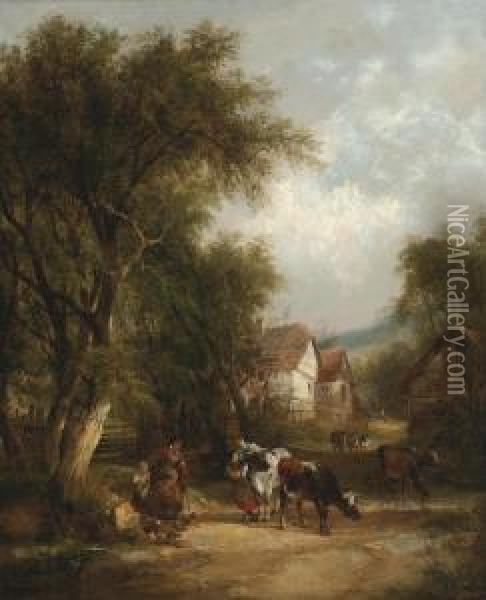A Conversation On The Road To Market Oil Painting - Snr William Shayer