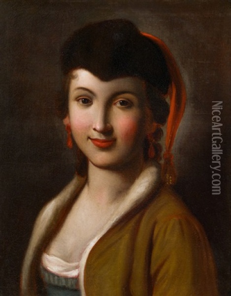 Junge Dame Mit Schwarzer Pelzkappe Und Roten Ohrringen Oil Painting - Pietro Antonio Rotari