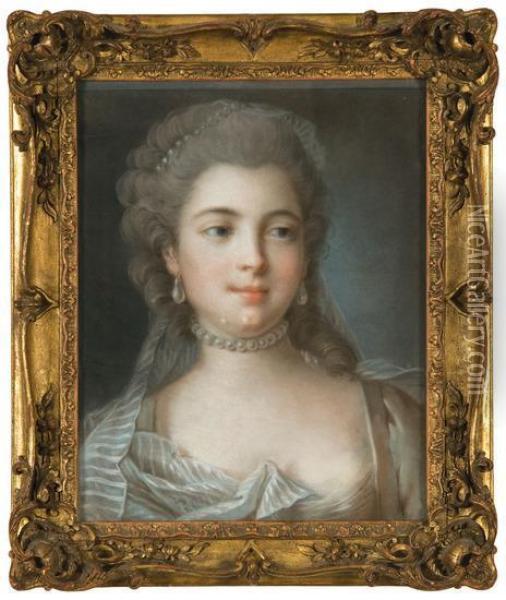 Portrait Of A Lady Wearing Pearl Earings And A Pearl Necklace. Oil Painting - Joseph Siffrein Duplessis