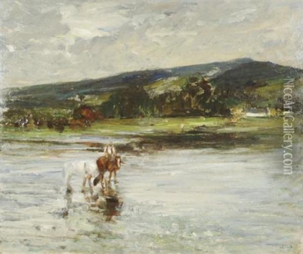 Figures In A Landscape With River Oil Painting - John Dirk Bowie