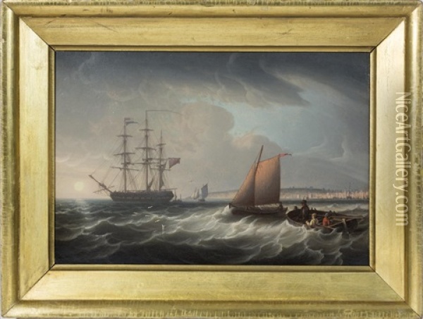 Ship At Anchor Off A Coast At Day's End Oil Painting - Robert Salmon