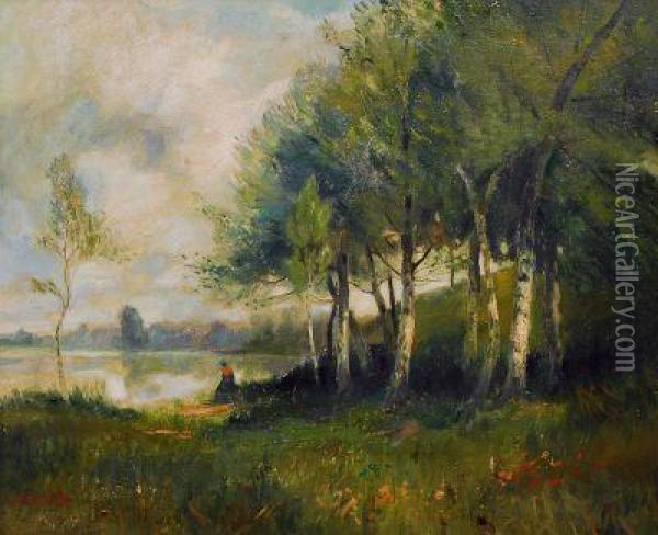 Waldlandschaft Mit Birken Am See Oil Painting - Nicolas Louis Cabat