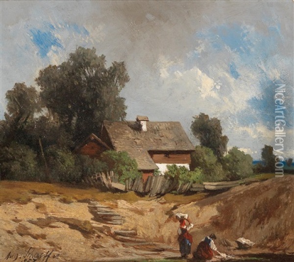 Washerwomen By The River Oil Painting - August Schaefer von Wienwald