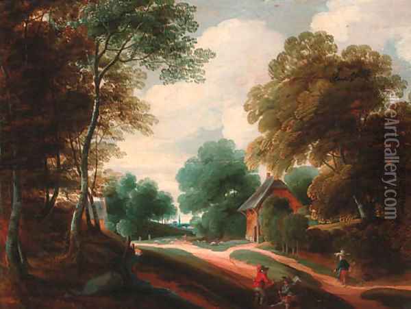 A wooded landscape with travellers conversing on a track Oil Painting - Lodewijk De Vadder