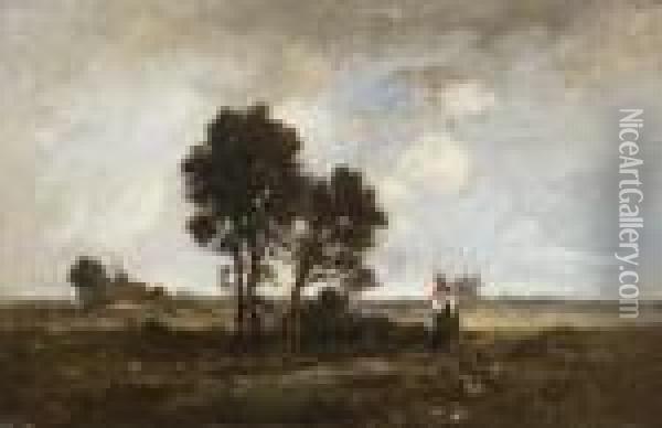 Reisigsammlerin Bei Einer
 Baumgruppe In Weiter Landschaft. Oil Painting - Leon Richet