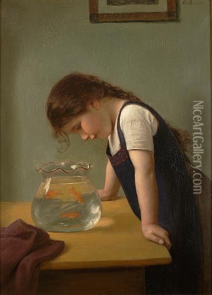 A Girl Looking Into A Goldfish Bowl Oil Painting - Carl Von Bergen
