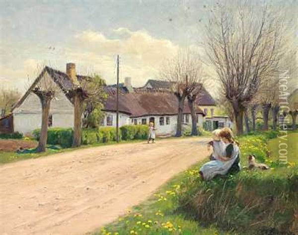 Forar I Landsbyen Med Sma Piger I Vejkanten Oil Painting - Hans Andersen Brendekilde
